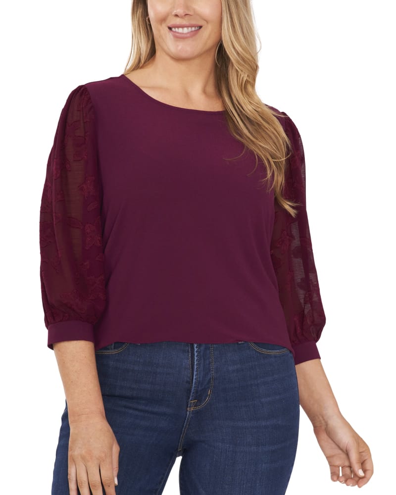 Front of a model wearing a size 1X Margaret Lace Sleeve Top in DEEP MULBERRY by CeCe. | dia_product_style_image_id:263455
